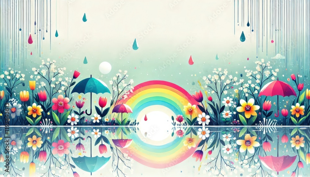 Vivid spring rain scene with flowers, umbrellas, and rainbow reflections. Generated with AI Vivid spring rain scene with flowers, umbrellas, and rainbow reflections. Generated with AI