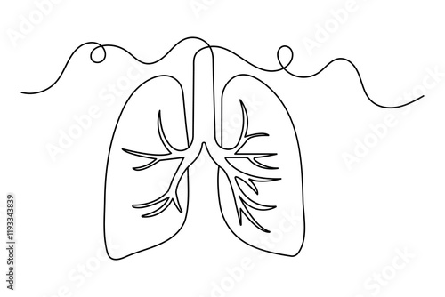 Continuous one line lung drawing with black and white vector icon
