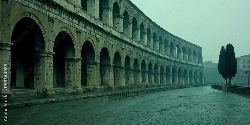 Fototapeta premium Roman arches, empty road, foggy morning, lone tree, historical site