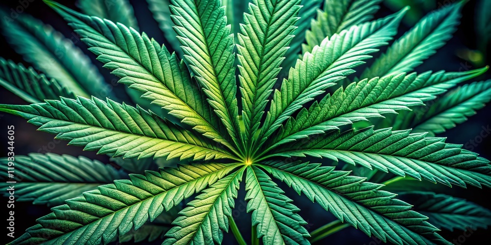 Close-up Macro Shot of a Cannabis Leaf, Detailed Green Marijuana Foliage Texture Close-up Macro Shot of a Cannabis Leaf, Detailed Green Marijuana Foliage Texture
