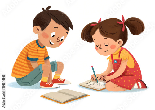 Happy children drawing and reading on paper and books, smiling kids cartoon illustration for 2025 education calendar, poster, banner, full HD vector design with boy, girl, and fun colorful art