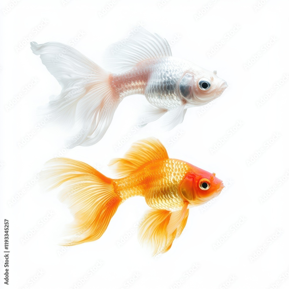 Fototapeta premium Two fish swim gracefully in clear water, showcasing their vibrant colors and fluid movements in a serene aquatic environment.