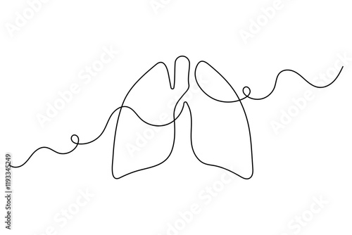 Continuous one line lung drawing with black and white vector icon
