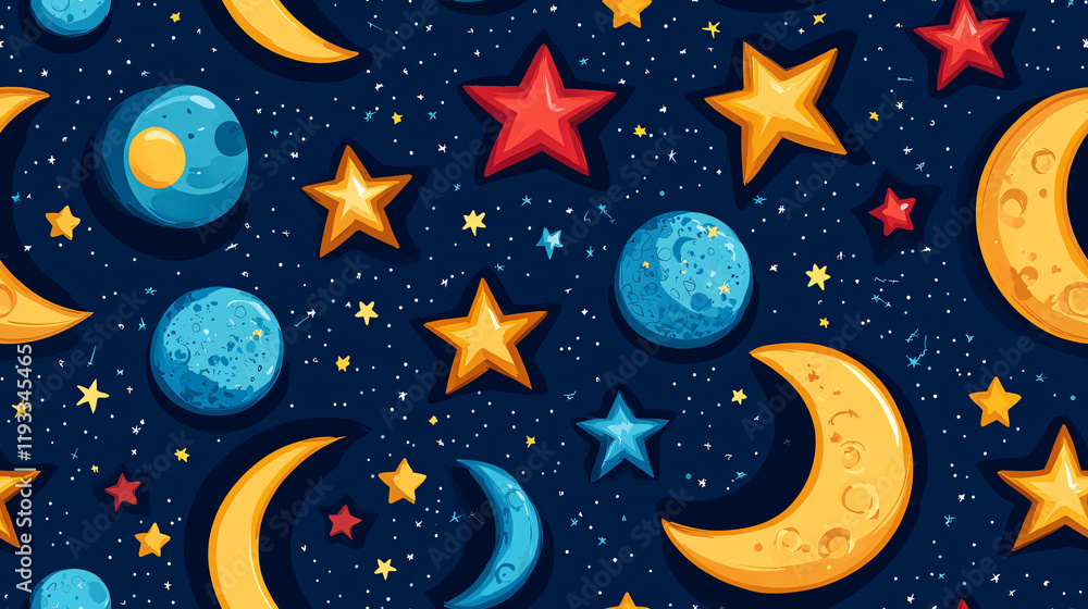 Naklejka premium Celestial Night Seamless Pattern Stars, Moons, Planets