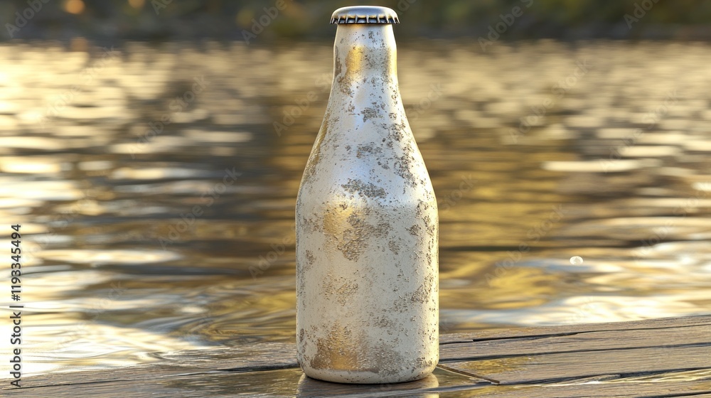 Weathered Bottle by a Tranquil Lakeside at Sunset A Serene Evening Scene Weathered Bottle by a Tranquil Lakeside at Sunset A Serene Evening Scene