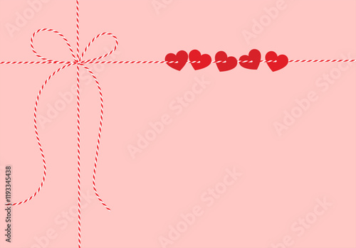 Flat horizontal hand drawn background, gift tied up with cotton red rope bakers twine with paper heart, bow and ribbon. Packing string for present, pastry box for Valentine's day. Vector EPS10