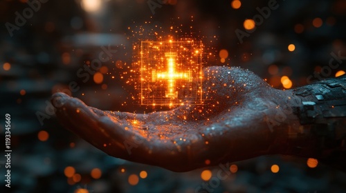 A futuristic hand holds a glowing cross symbol, surrounded by sparkling particles in a mystical setting