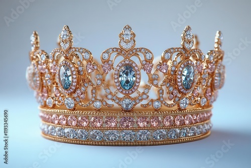 exquisite crown displayed against a stark white background, highlighting intricate details and opulence, symbolizing power and nobility, with dramatic lighting enhancing its grandeur