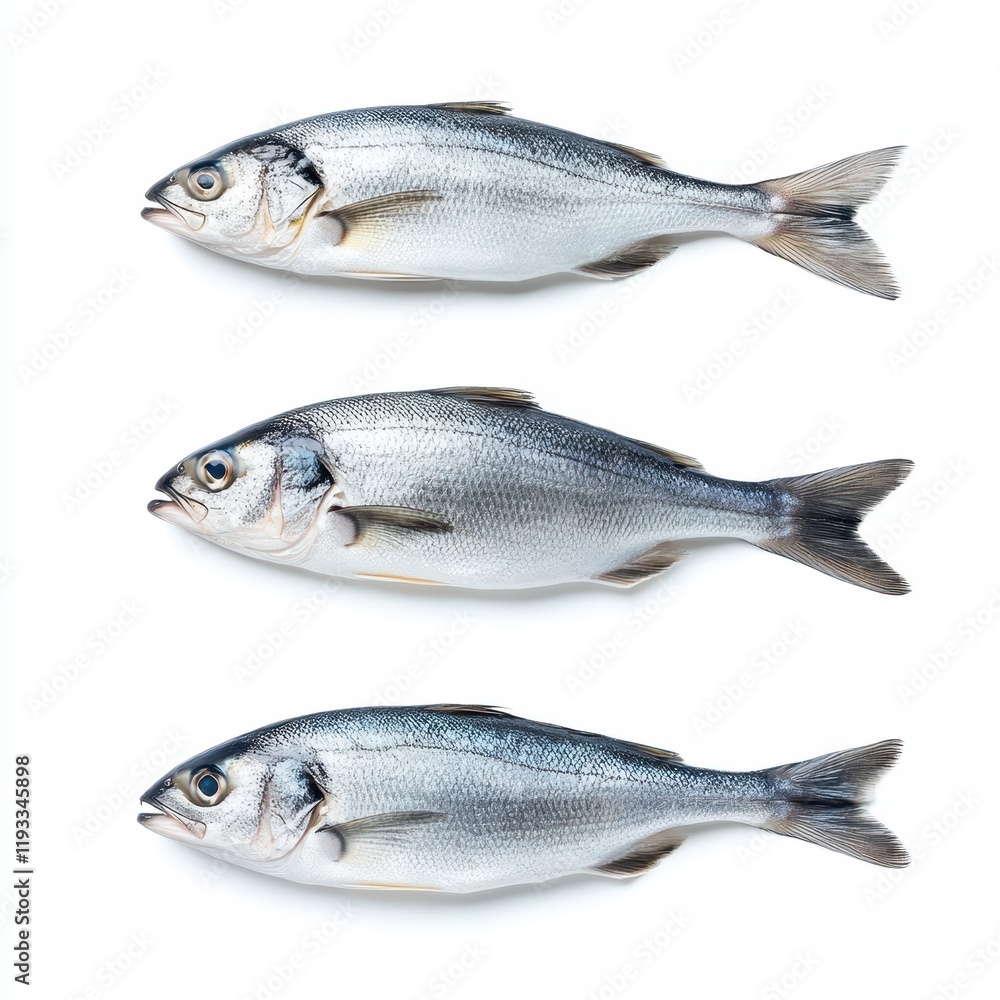 Three fish arranged on a white surface, with one prominently facing the camera, showcasing their unique colors and details. Three fish arranged on a white surface, with one prominently facing the camera, showcasing their unique colors and details.