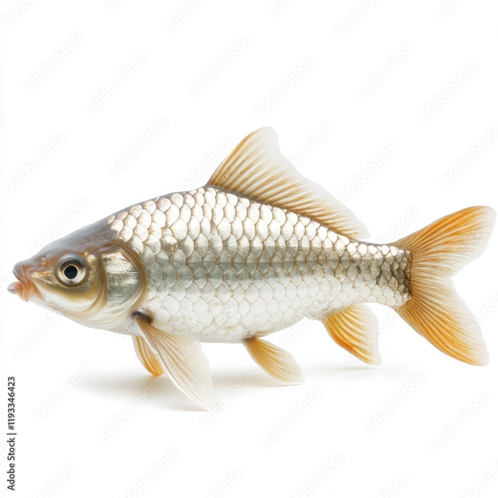 A fish is uniquely positioned upright on a clean white surface, showcasing its colorful scales and distinctive features. A fish is uniquely positioned upright on a clean white surface, showcasing its colorful scales and distinctive features.