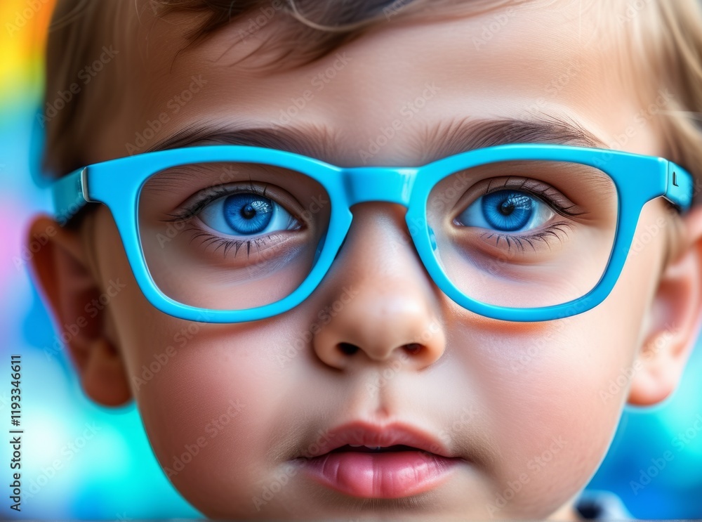 Young boy with striking blue eyes and colorful glasses poses against a vibrant background in a playful and cheerful atmosphere Young boy with striking blue eyes and colorful glasses poses against a vibrant background in a playful and cheerful atmosphere