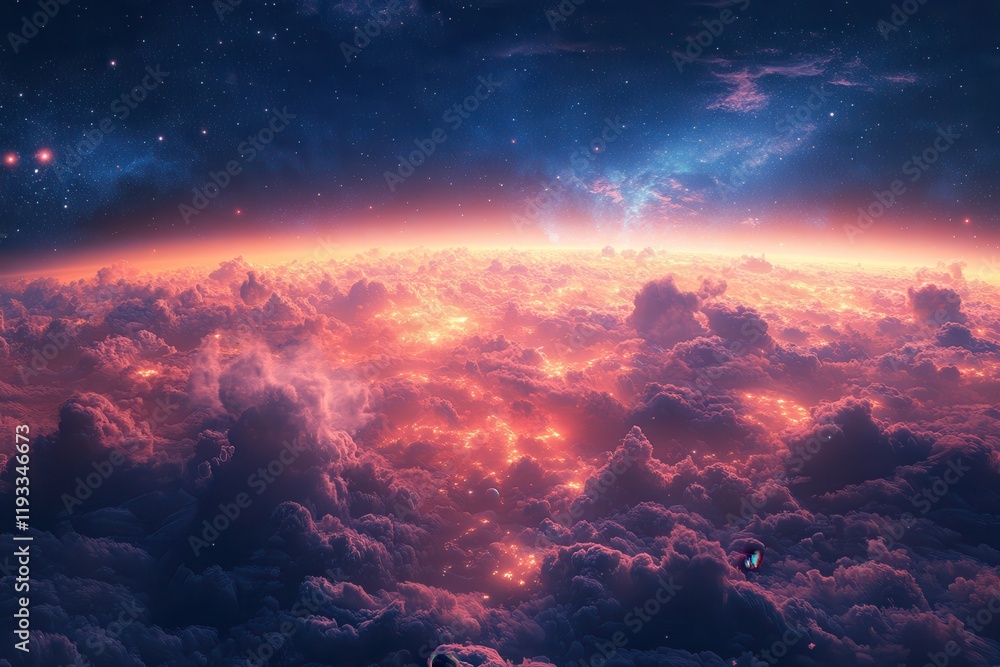 Naklejka premium Stunning view of a colorful nebula above a cloud-covered planet in deep space at twilight