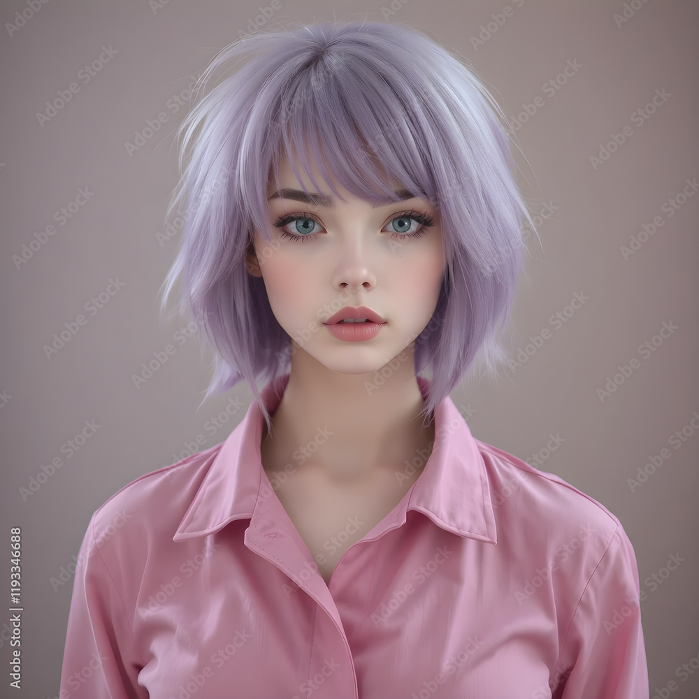Una impresionante mujer caucásica con cabello morado y ropa en tonos rosa. Una impresionante mujer caucásica con cabello morado y ropa en tonos rosa.