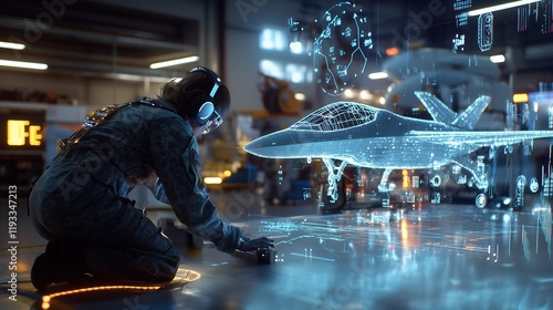 Technician Working with Holographic Sci-Fi Aircraft Design in Advanced Industrial Facility