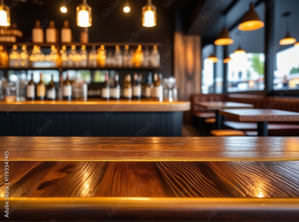 Cozy bar interior with wooden counter and soft lighting in a modern setting Cozy bar interior with wooden counter and soft lighting in a modern setting