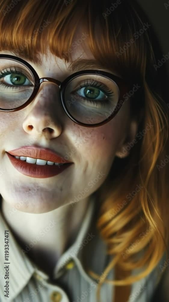 Beautiful natural woman with freckles, red hair and glasses smiling to the camera Beautiful natural woman with freckles, red hair and glasses smiling to the camera