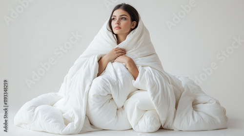 A woman wrapped in a white duvet sits on a bright background with a thoughtful expression