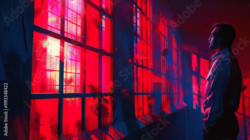 Man Looking Through Red-Lit Industrial Windows  
 photo