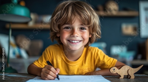Young boy joyfully drawing with a dinosaur toy on a table, colorful background with art supplies