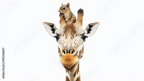 Close-Up of a Giraffe with a Squirrel Perched on Its Head on a White Background photo