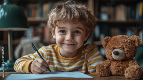 Young child with curly hair smiling while drawing at a wooden table with a teddy bear in a cozy library