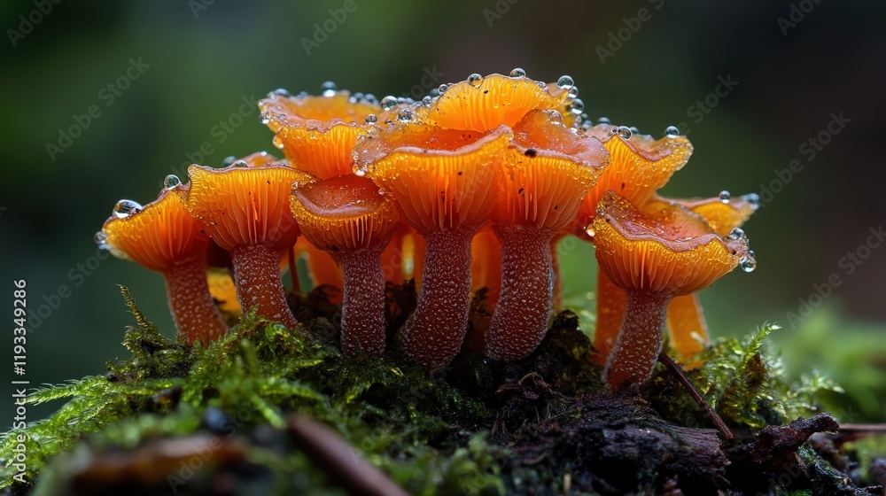 Detailed close-up photograph of clusters of orange mushrooms adorned with dew, set against rich green moss, revealing the intricate beauty of forest life. Detailed close-up photograph of clusters of orange mushrooms adorned with dew, set against rich green moss, revealing the intricate beauty of forest life.