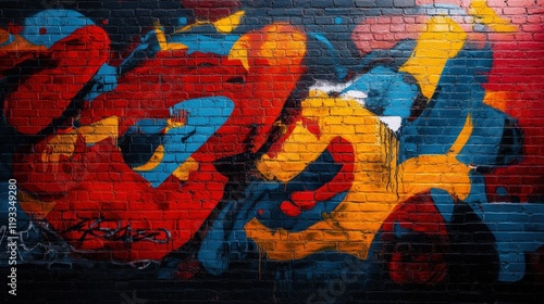 A striking display of colorful graffiti art on a brick wall, showcasing bold red, blue, and yellow shapes that evoke a sense of urban creativity and expression.