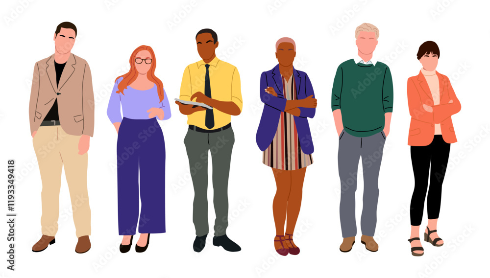 Obraz premium Business people standing. Vector illustration of diverse cartoon men and women of various ethnicities, age and body type in office outfits. Big Set of different business characters. Isolated on white