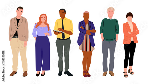 Business people standing. Vector illustration of diverse cartoon men and women of various ethnicities, age and body type in office outfits. Big Set of different business characters. Isolated on white