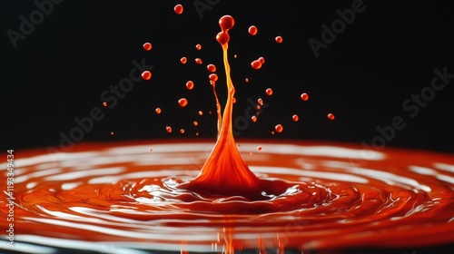 A stunning high-resolution capture of vibrant red paint erupting upwards in a droplet splash, creating a dramatic visual effect that symbolizes creativity and passion.