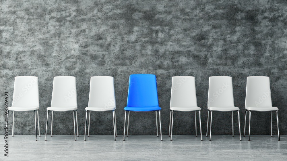Obraz premium Blue chair among white chairs against a concrete wall.