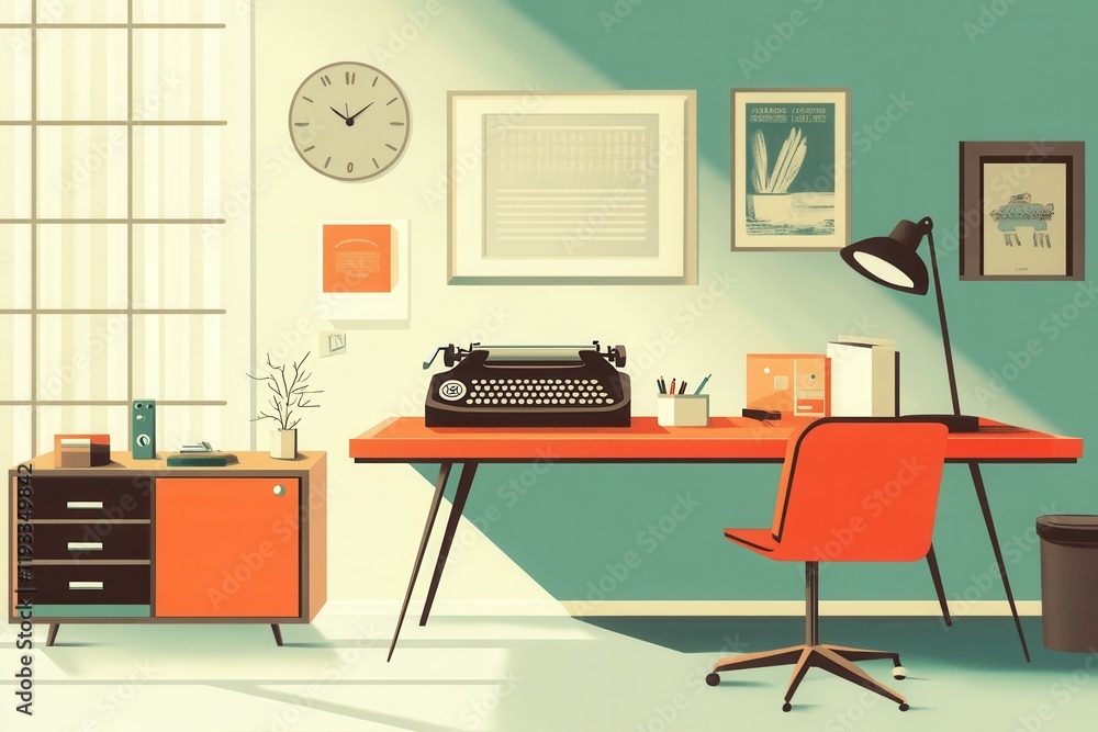 Modern office with retro accents – mid-century inspired workspace design. Modern office with retro accents – mid-century inspired workspace design.