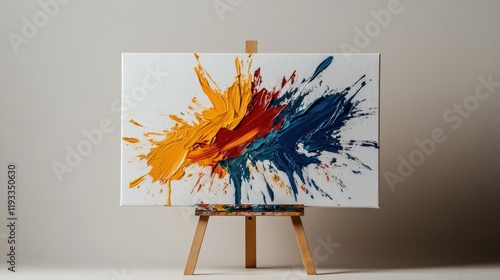 An abstract canvas displaying bold splashes of orange, red, blue, and yellow paint, evoking emotions of energy, passion, and artistic freedom.