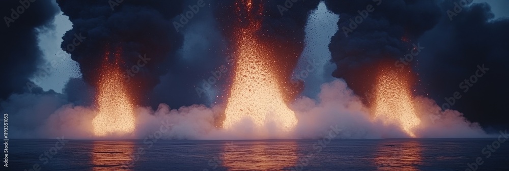 Fototapeta premium Erupting Volcanoes at Dusk with Fiery Lava and Smoke Plumes Over Water
