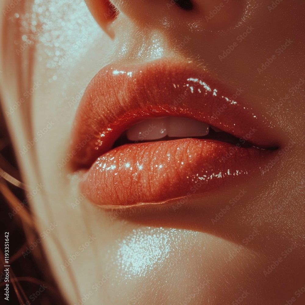 Obraz premium Lips close-up with lip gloss, glossy finish, natural skin tone.