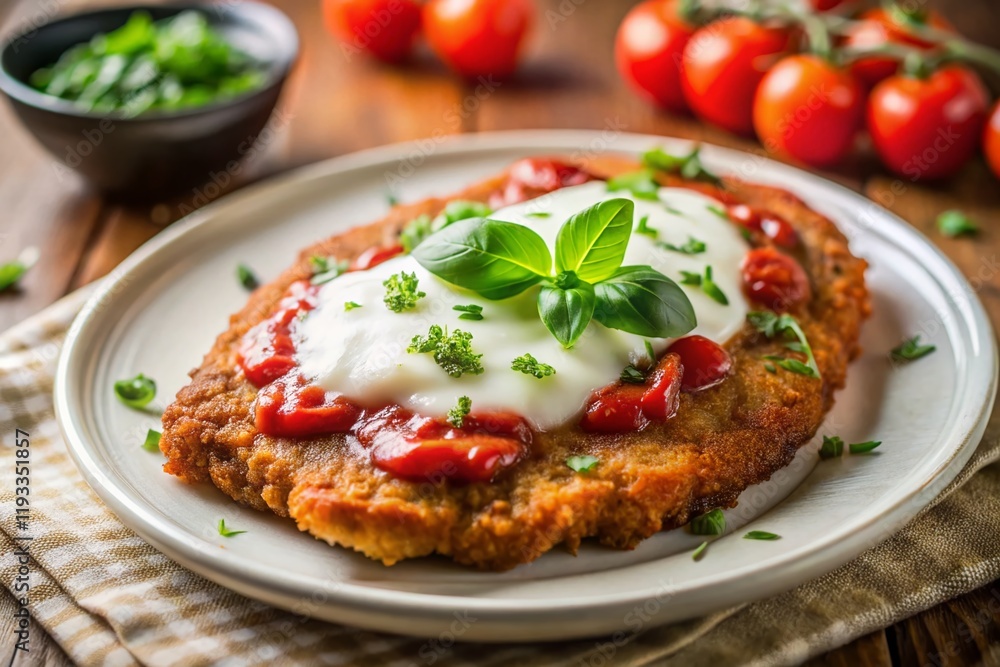 Close-up Top View of Delicious Veal Milanesa Napolitana with Melted Mozzarella Close-up Top View of Delicious Veal Milanesa Napolitana with Melted Mozzarella