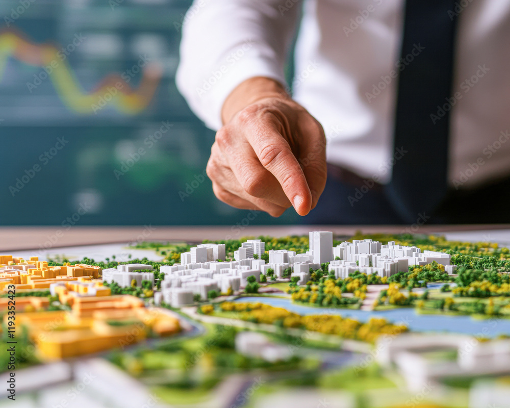 Fototapeta premium A man pointing at a city model on a table