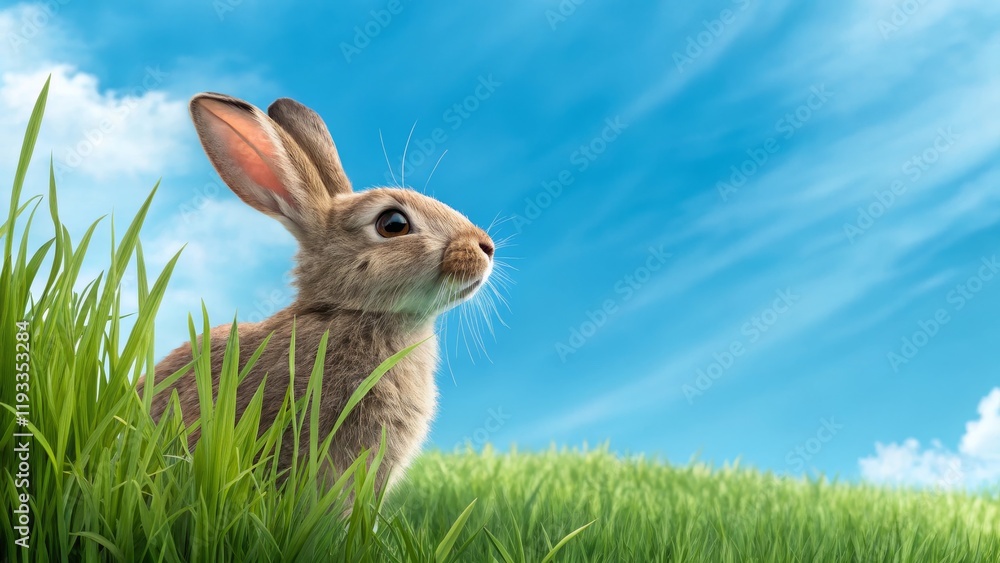 Obraz premium Bunny in Green Grass Under Blue Sky, Digital Art, Spring Concept, Easter Bunny, Rabbit Easter, Spring