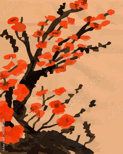 Plum Blossoms (Prunus domestica) - Japan - Asia - Ink art painting - Hand painted - Sumi-e - 