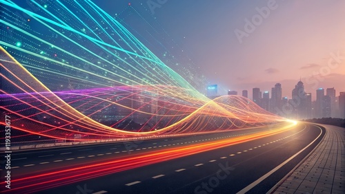 Cityscape Highway Light Trails Abstract Composition of Data Flow and Urban Development, Digital Art, Technology Smart City, Data Visualization