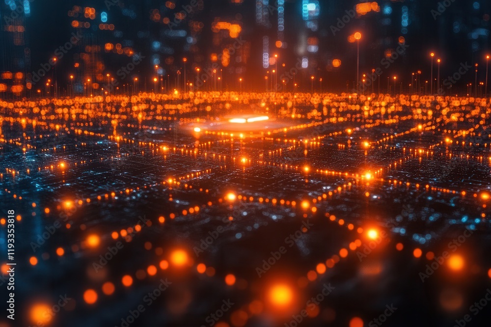 Obraz premium Bright orange lights illuminate a digital cityscape at night with glowing networks and pathways