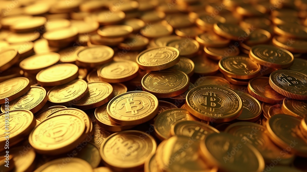 Abundance of shiny bitcoin coins in golden light. Abundance of shiny bitcoin coins in golden light.