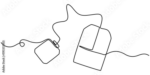 one continuous line drawing of tea bag.one line drawing of tea bag icon.single line vector illustration.isolated white background, One continuous line drawing of paper tea bag. Hot herbal drink. 