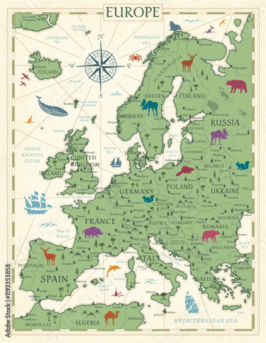 Europe Map Retro Vintage Ancient Cartoon - stock vector colored illustration with layers