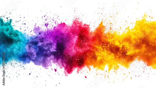 Colorful rainbow powder explosion on a transparent background. Explosive burst of vibrant rainbow colors. Colorful rainbow holi paint color powder explosion isolated white wide panorama background. 
