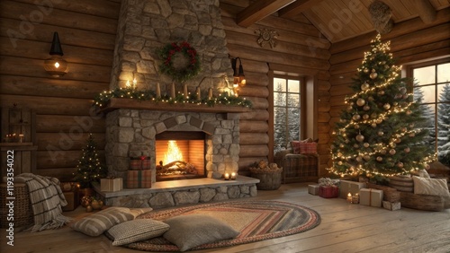 Cozy Christmas Cabin Stone Fireplace, Decorated Tree, Warm Lighting, 3D Render. Christmas Decor, Winter Scene