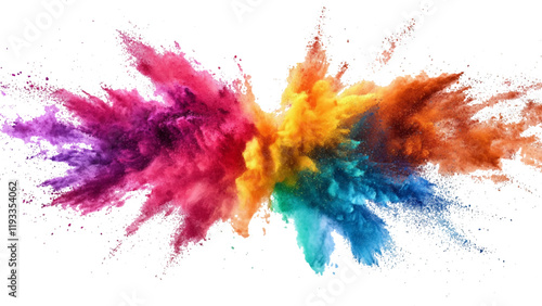 Colorful rainbow powder explosion on a transparent background. Explosive burst of vibrant rainbow colors. Colorful rainbow holi paint color powder explosion isolated white wide panorama background. 
