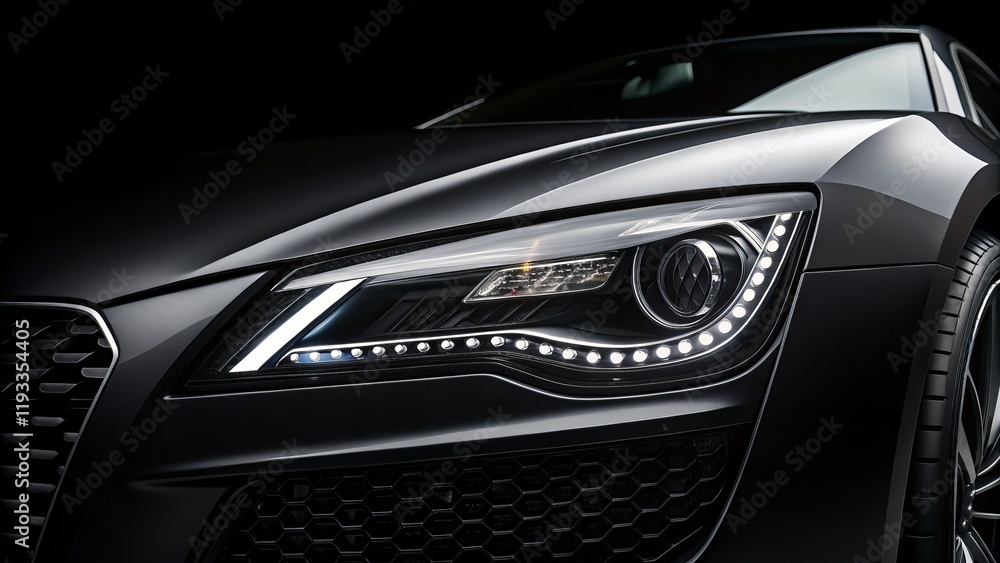 Fototapeta premium Dark Sports Car Headlight Detail Close-up Composition, LED Lighting, Luxury Concept, Automotive Design Sports Car, Headlights