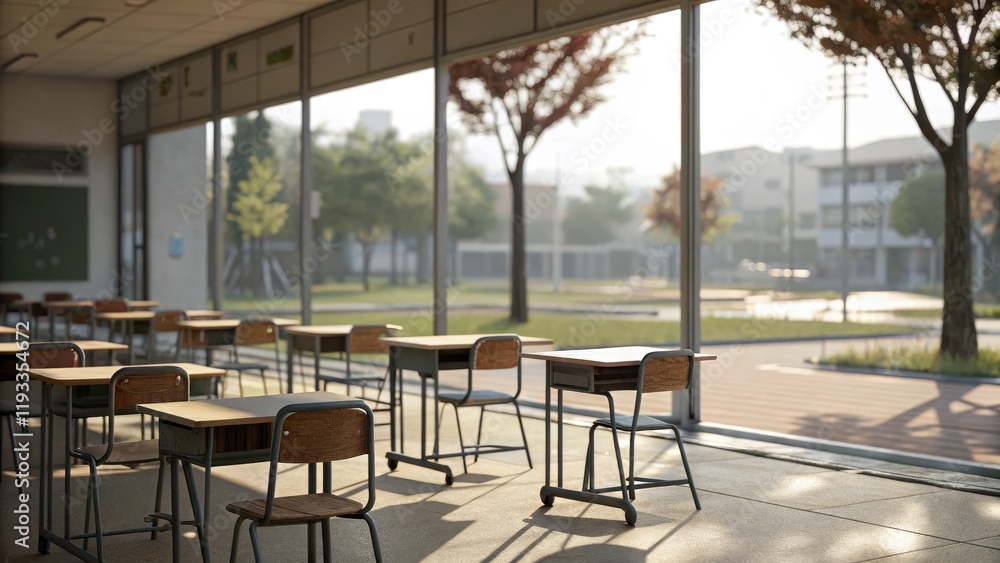 Fototapeta premium Empty Classroom with Sunlight Through Large Windows, Wide Shot, School Desk, Chairs, Outdoor View, Digital Art, 3D Render