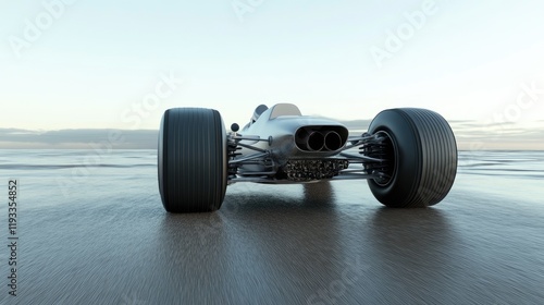 Classic race car on beach sunset, motion blur background; automotive design concept
